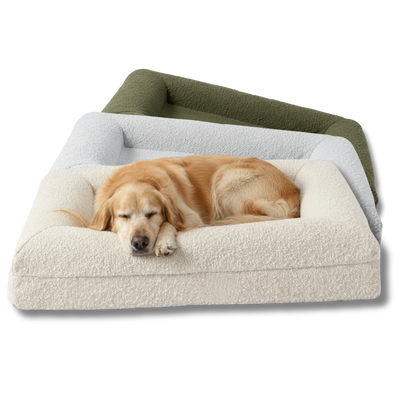 Dog resting on a plush pet bed boucle luxurious jumbo sizes